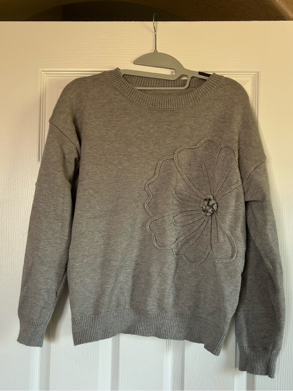Gray Knit Sweater with Floral Applique
